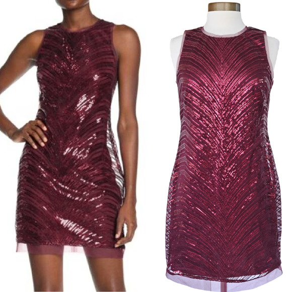 Vince Camuto Burgundy Sequin Cocktail Party Dress Size 8 Sleeveless Shift - Picture 1 of 11